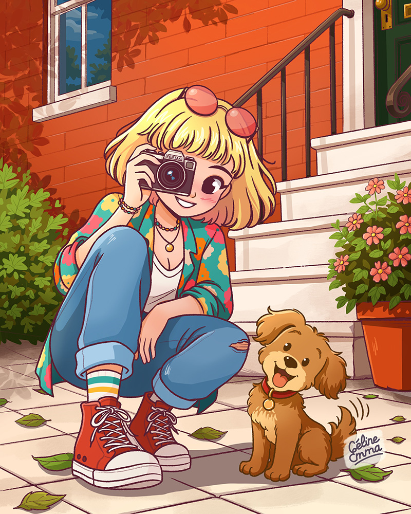 Illustration d’une jeune femme prenant une photo avec son chien dans une rue résidentielle