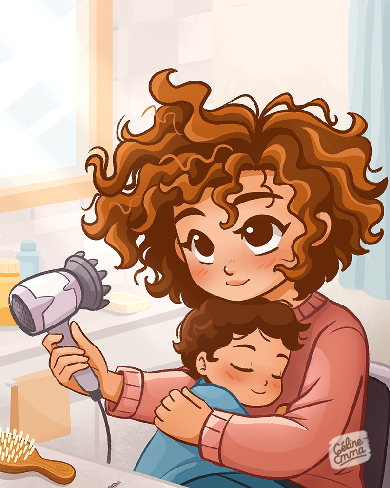 Illustration d’une mère séchant ses cheveux avec son enfant dans les bras dans une scène tendre du quotidien