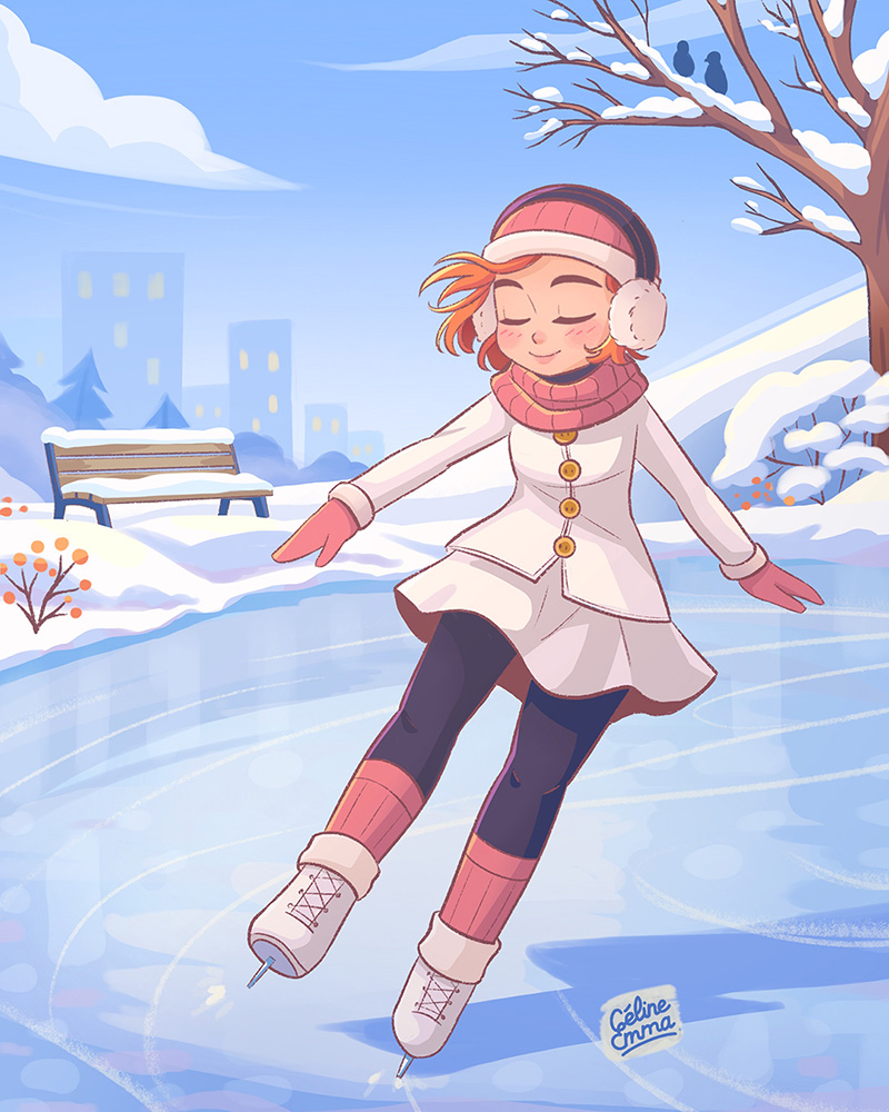Illustration d’une jeune femme faisant du patin à glace dans un parc enneigé
