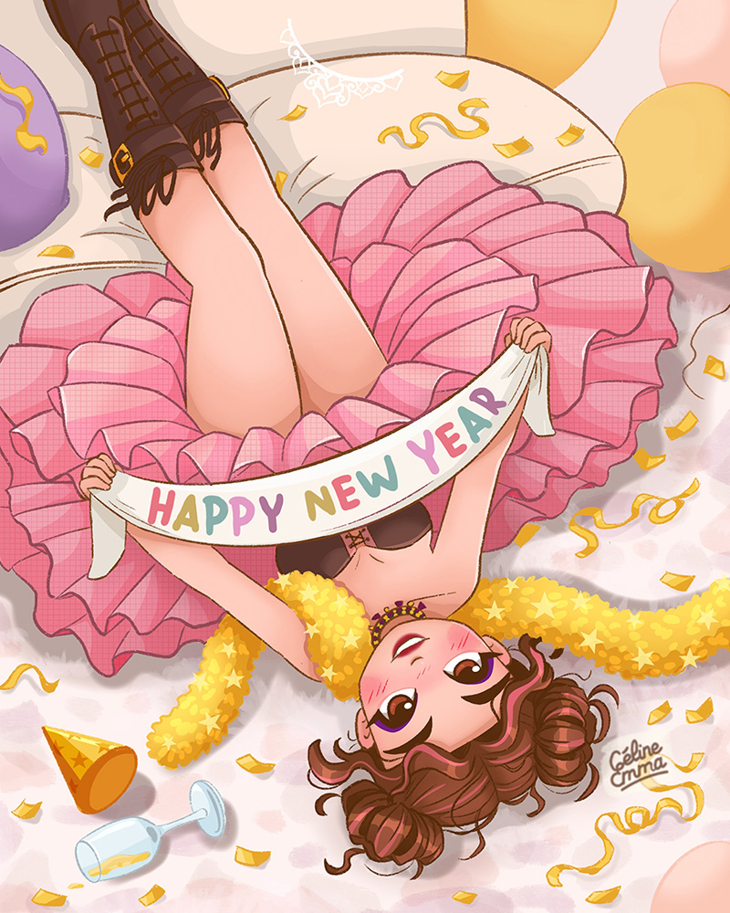 Illustration festive d’une jeune femme tenant une bannière Happy New Year au milieu des confettis