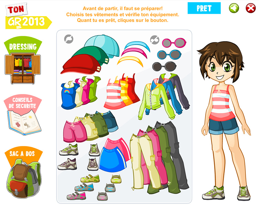 Interface de personnalisation du personnage de Ton GR2013 avec vêtements, chaussures et accessoires
