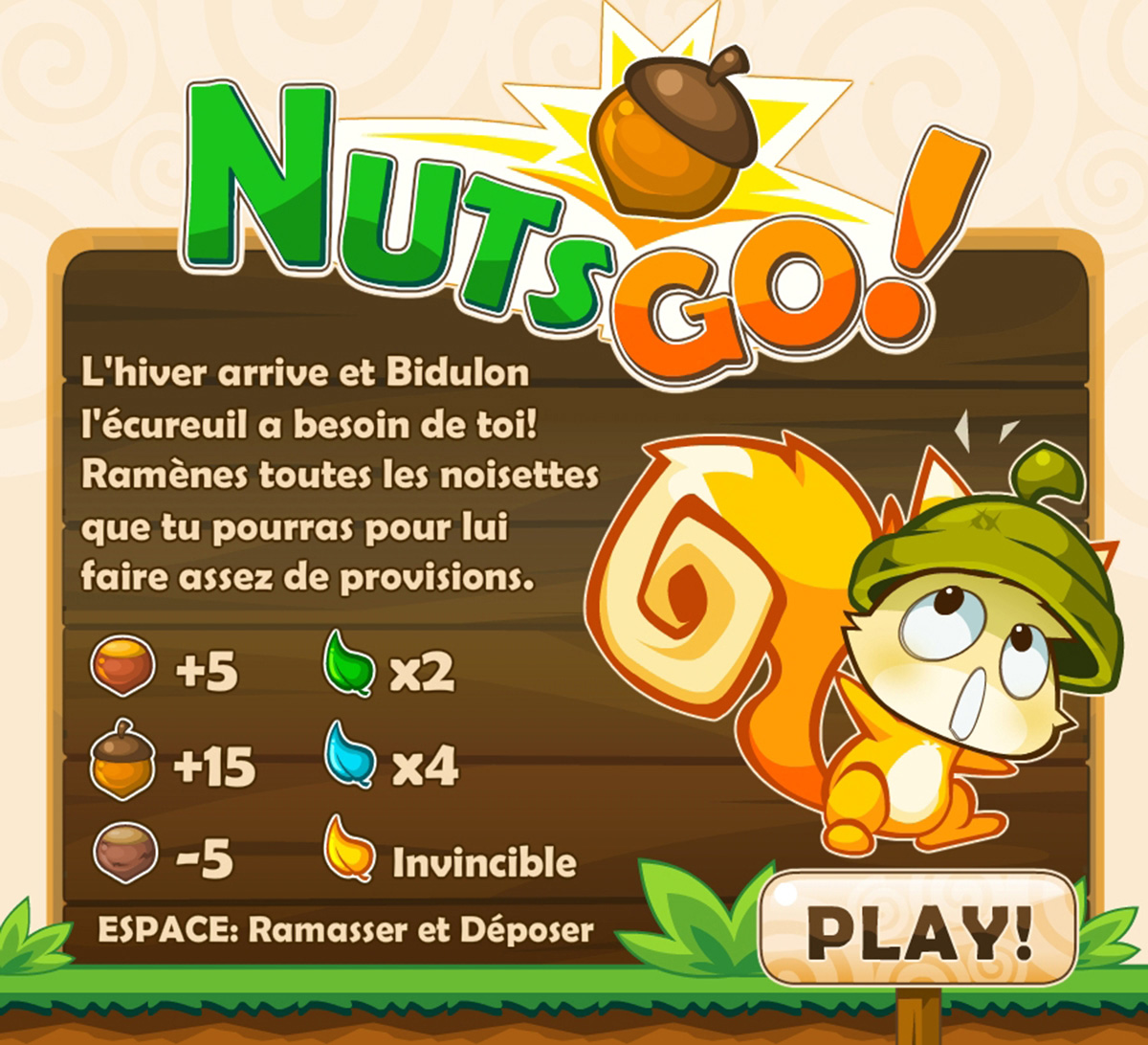 Nuts Go! game interface with game rules, squirrel character and graphic elements
