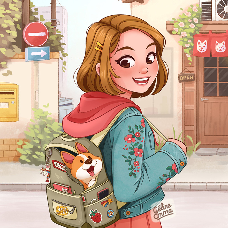Illustration d’une jeune femme se promenant en ville avec un petit chien dans son sac à dos