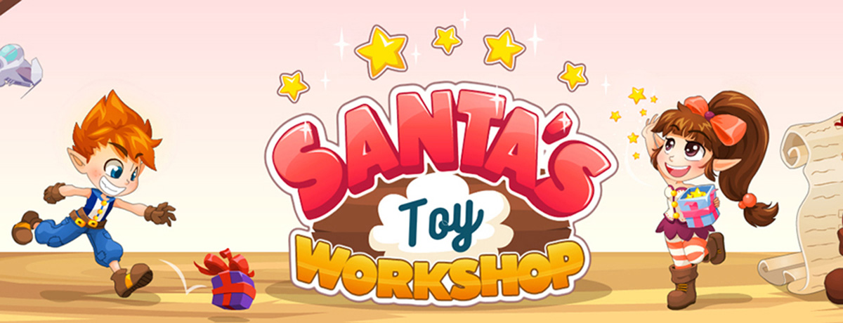 Illustrated Santa’s Toy Workshop logo with two characters in a Christmas-themed setting