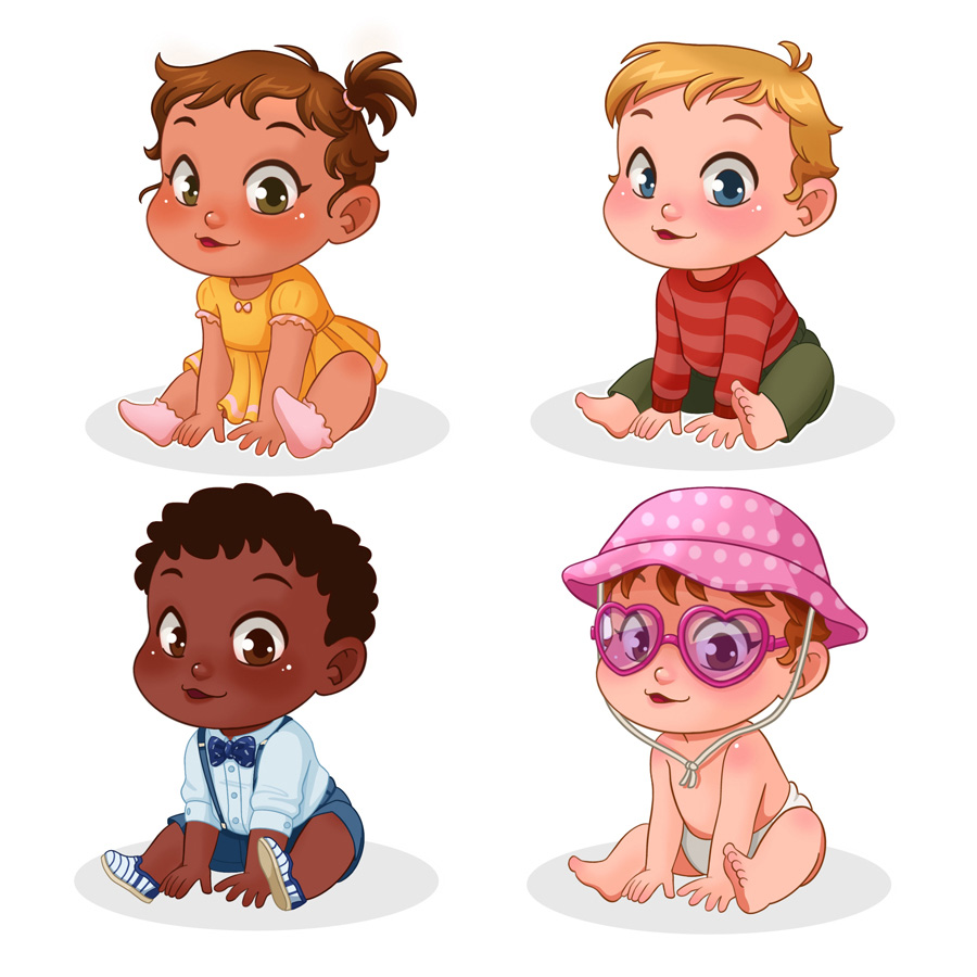 Character design of four babies for the VBabies game