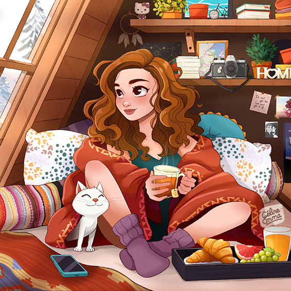 Illustration d’une jeune femme installée sous une couverture avec son chat, une boisson chaude et son petit-déjeuner