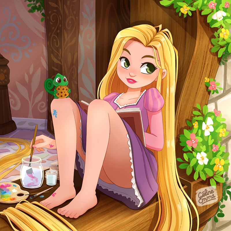 Illustration inspirée de Raiponce, assise près d’une fenêtre avec un livre et du matériel de peinture