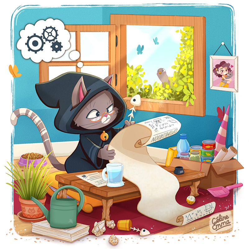 Illustration d’un chat déguisé en sorcier travaillant à son bureau avec parchemins et fournitures