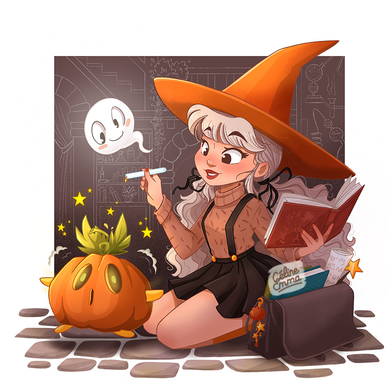 Illustration d’une jeune sorcière avec un fantôme et une citrouille magique pour Halloween