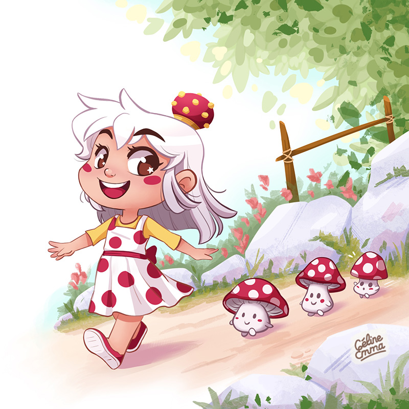 Illustration chibi d’une petite fille se promenant dans la nature avec des champignons