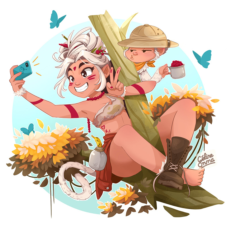 Illustration d’une aventurière prenant un selfie dans la jungle avec un petit singe