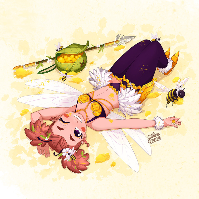 Illustration d’une jeune femme ailée allongée parmi des fleurs et des abeilles