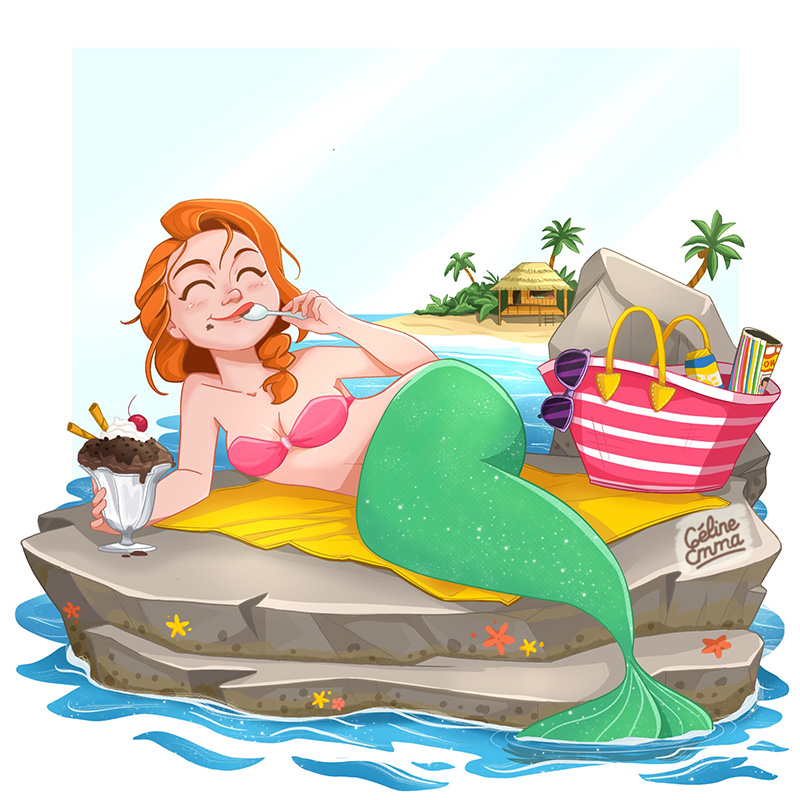 Illustration d’une sirène rousse dégustant une glace sur un rocher au bord de la mer