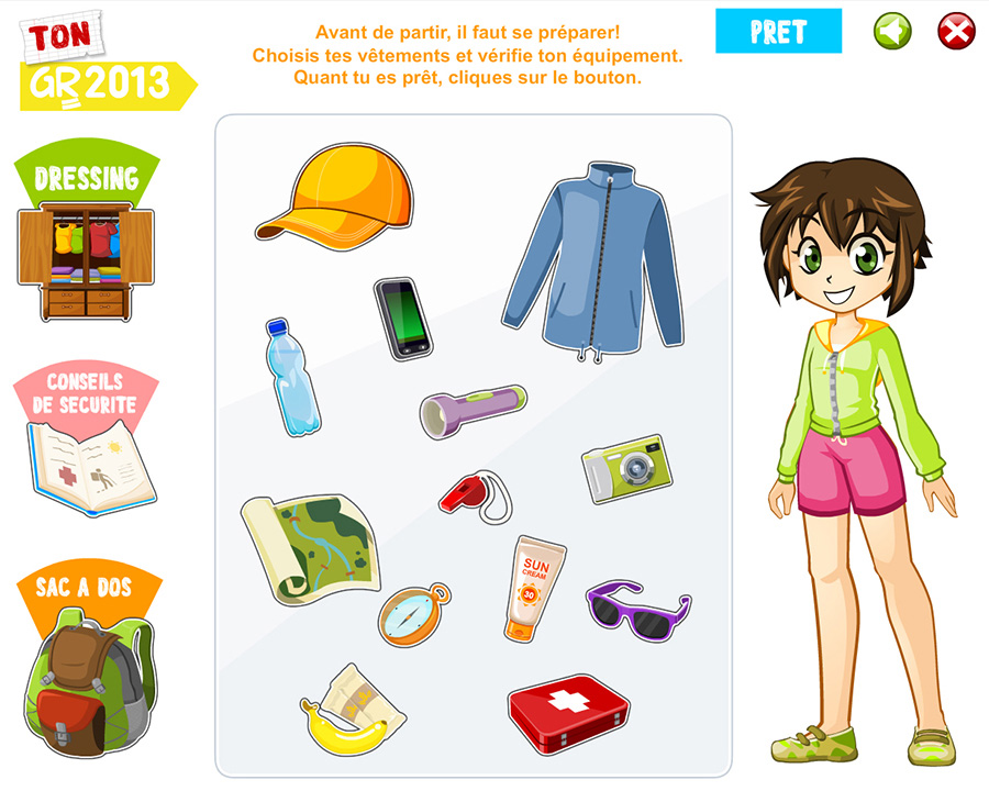 Interface du jeu Ton GR2013 avec sélection des équipements et accessoires pour la randonnée