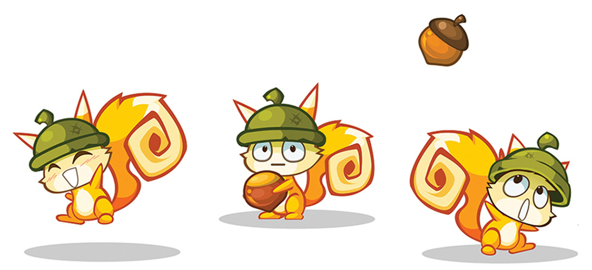Character design for the Nuts Go! squirrel with multiple expressions and poses