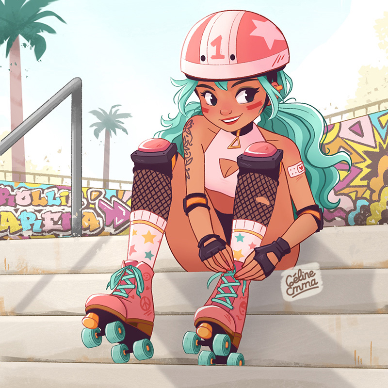 Illustration d’une jeune femme en rollers assise dans un skatepark coloré