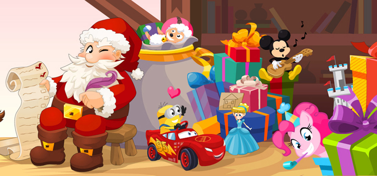 Illustration of Santa Claus in his workshop surrounded by gifts and toys