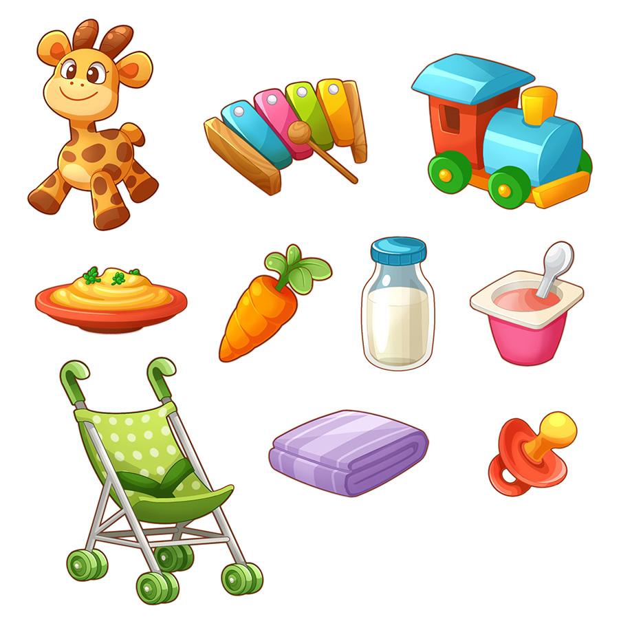 Illustrated VBabies game assets featuring toys, accessories and baby items