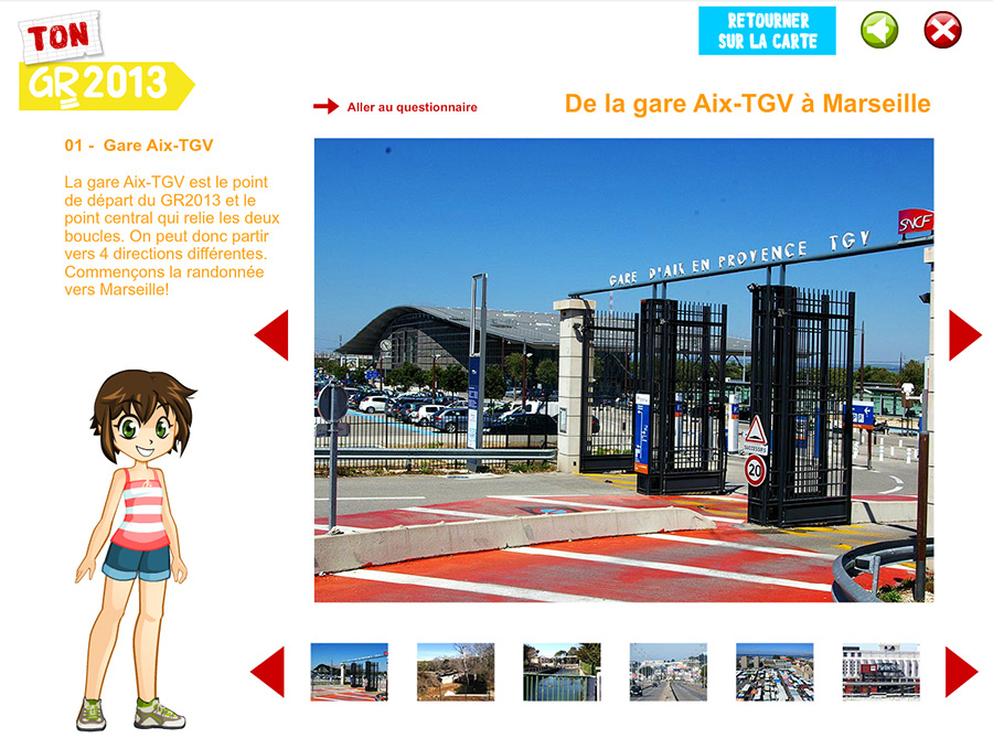 Interface d’une étape du jeu Ton GR2013 présentant le trajet entre la gare Aix-TGV et Marseille