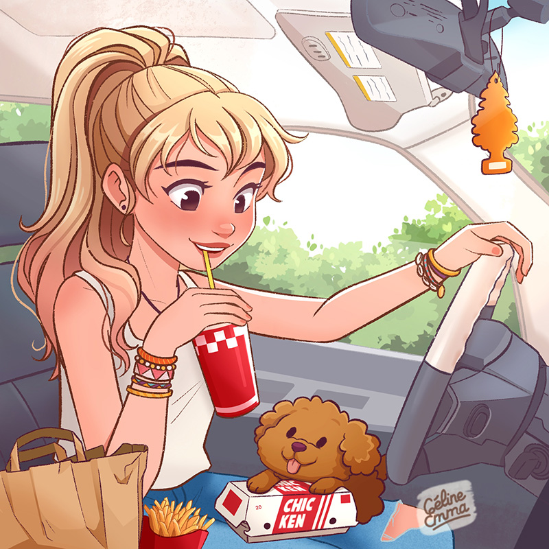 Illustration d’une jeune femme et de son chien mangeant un fast-food dans une voiture