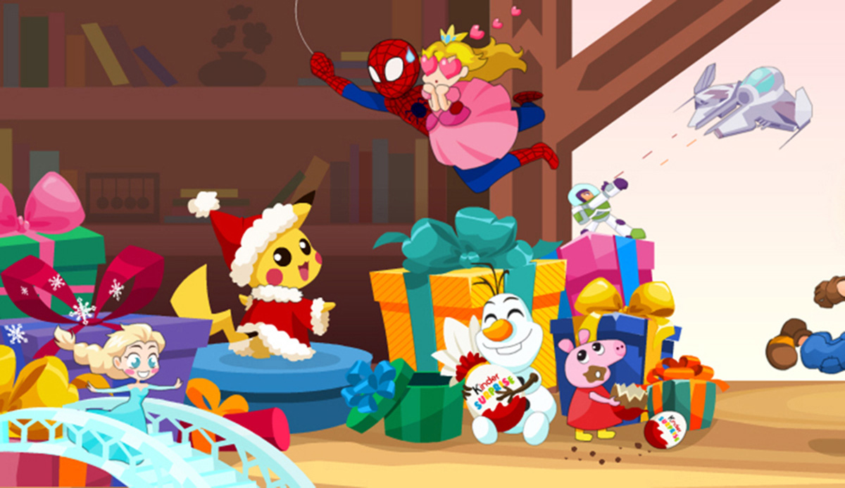 Illustration of Santa’s Toy Workshop filled with gifts, toys and characters