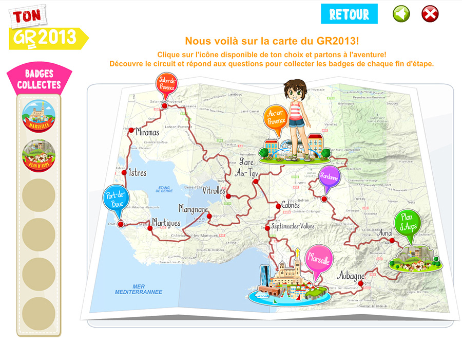 Interface de carte interactive du jeu Ton GR2013 avec parcours, étapes et badges à collecter