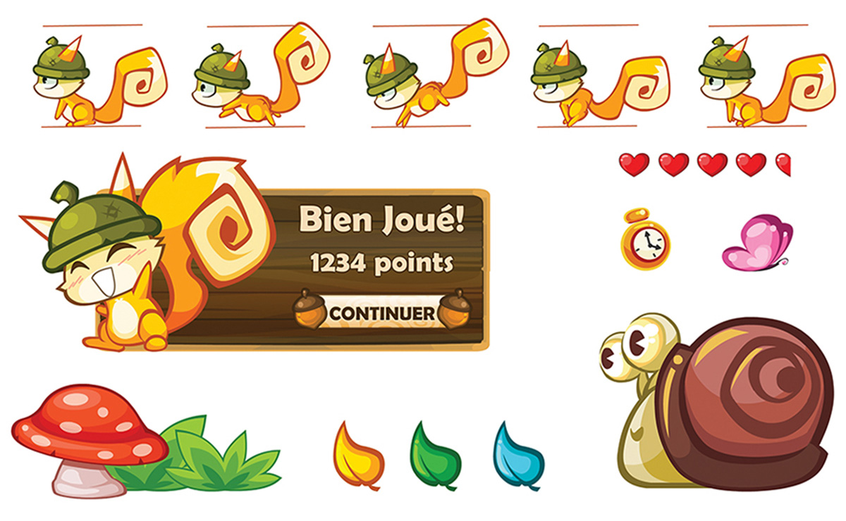 Nuts Go! game assets including character animations, icons, environment elements and interface graphics