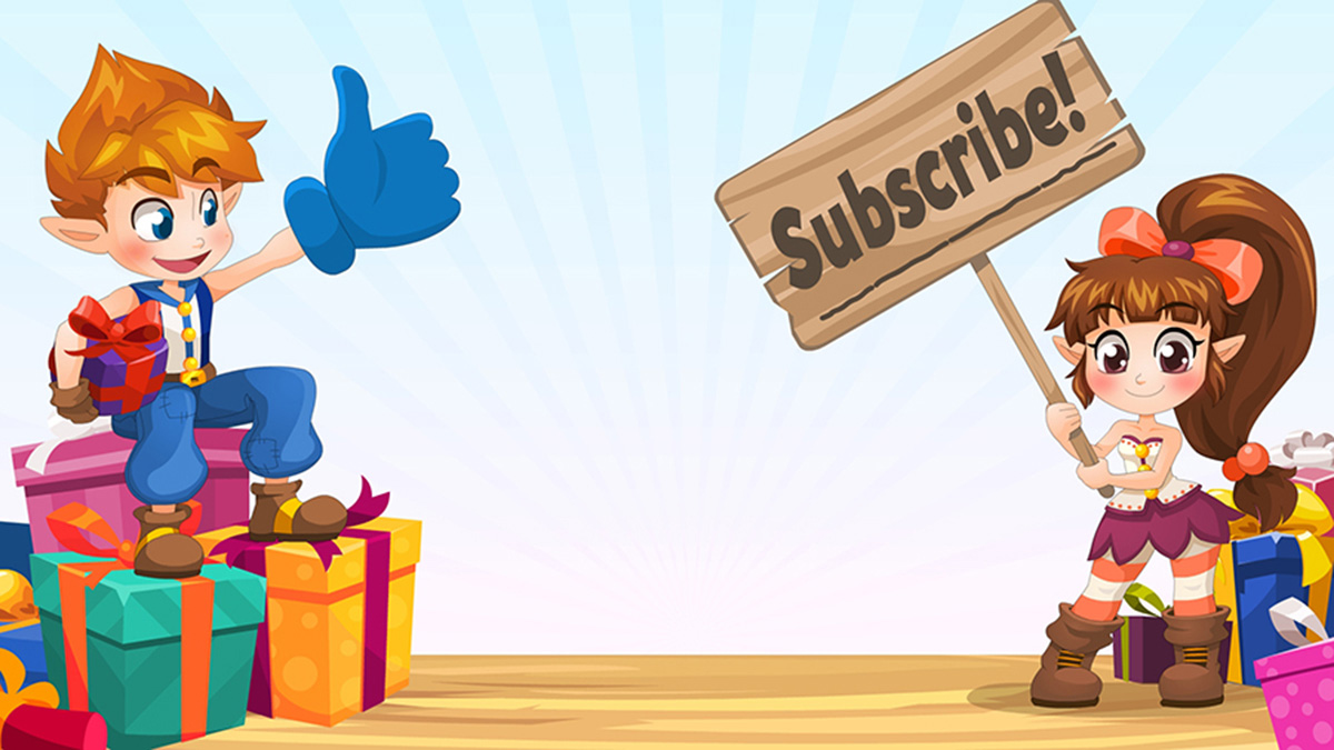 Illustrated Santa’s Toy Workshop outro screen with the two characters and Christmas gifts