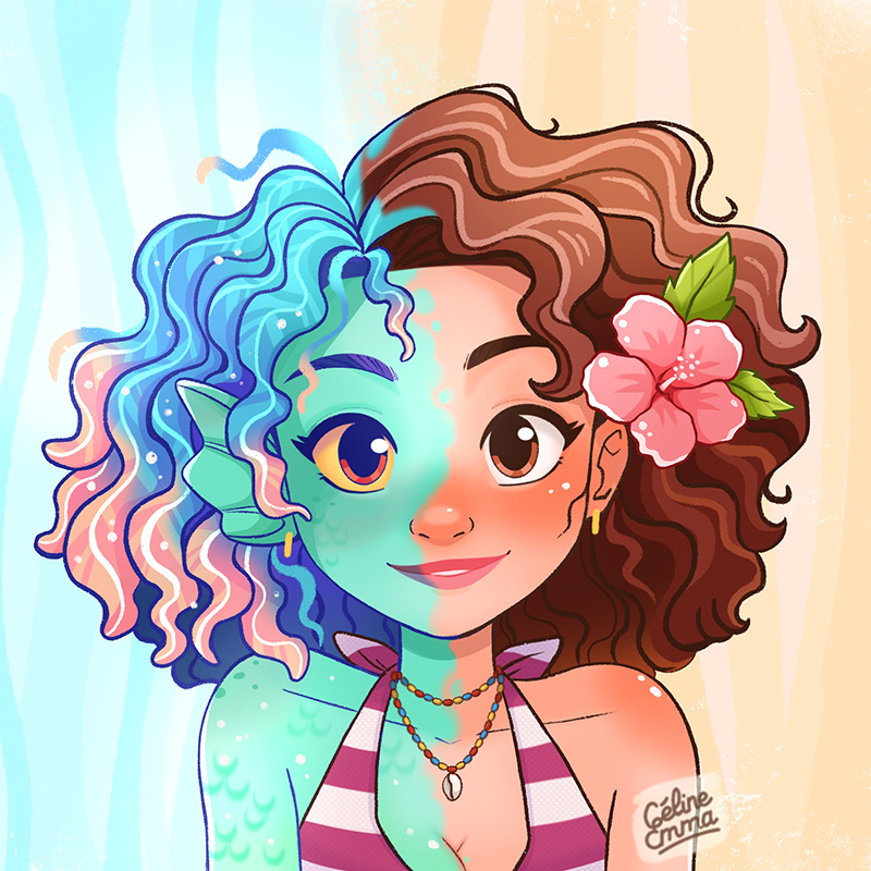 Portrait illustré d’une jeune femme mi-humaine mi-créature marine inspiré de l’univers de Luca