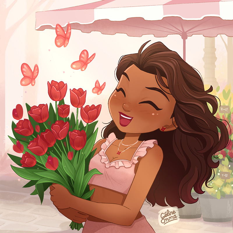 Illustration d’une jeune femme souriante tenant un bouquet de tulipes au marché aux fleurs