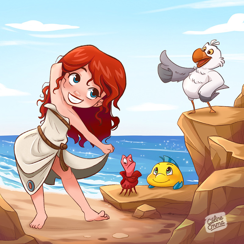 Illustration inspirée de La Petite Sirène avec une jeune femme sur la plage entourée de personnages marins