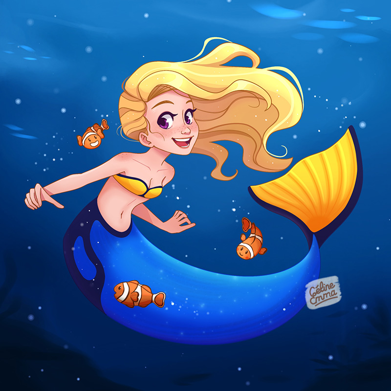 Illustration d’une sirène blonde nageant sous l’eau avec des poissons-clowns