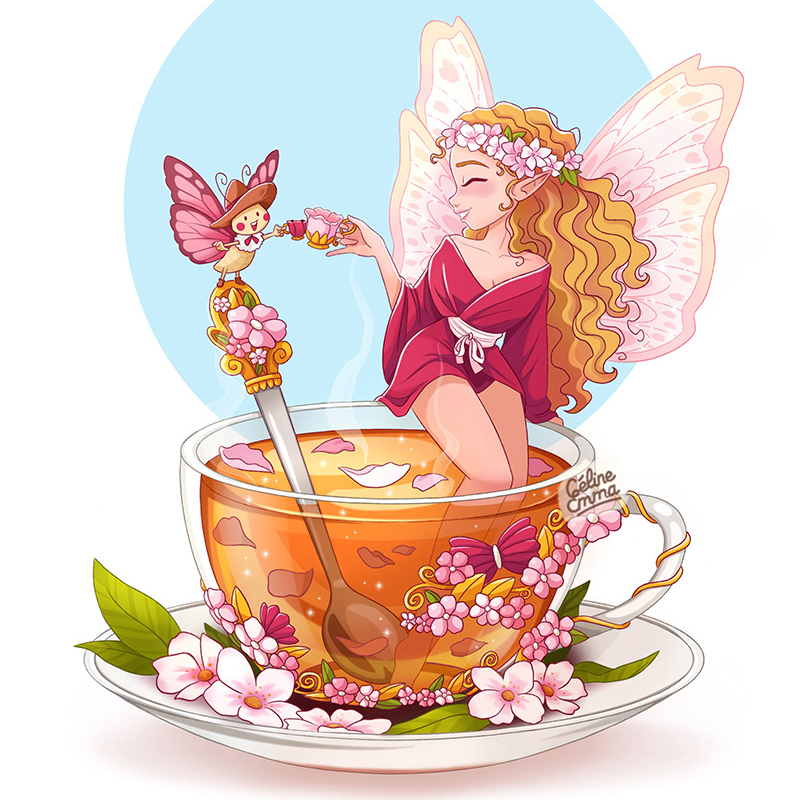 Illustration féerique d’une fée assise dans une tasse de thé entourée de fleurs et de papillons