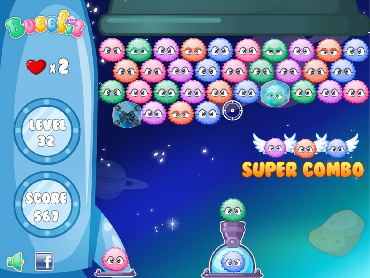 Bubbliz gameplay interface in a space level with colorful characters and a combo system