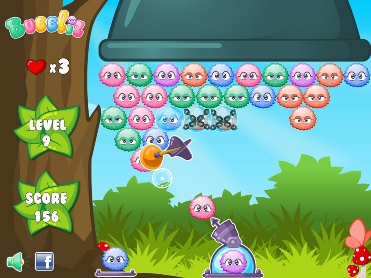 Bubbliz gameplay interface in a forest level with colorful characters and interactive elements