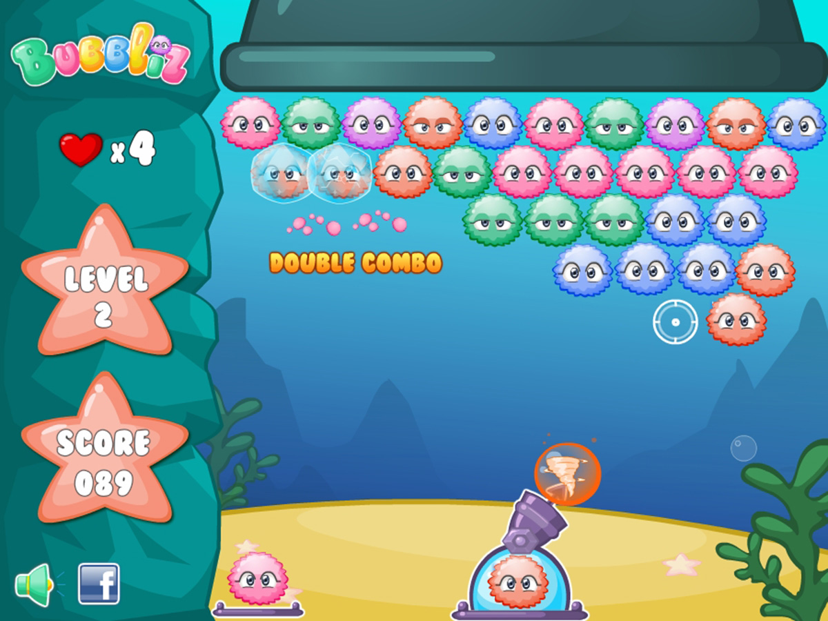 Bubbliz gameplay interface in an underwater level with colorful characters and a combo system