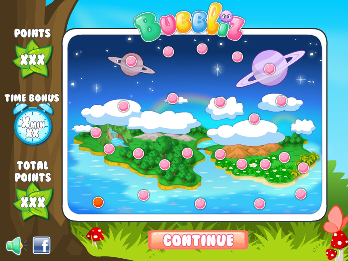 Bubbliz level selection interface with an illustrated map of the different game worlds