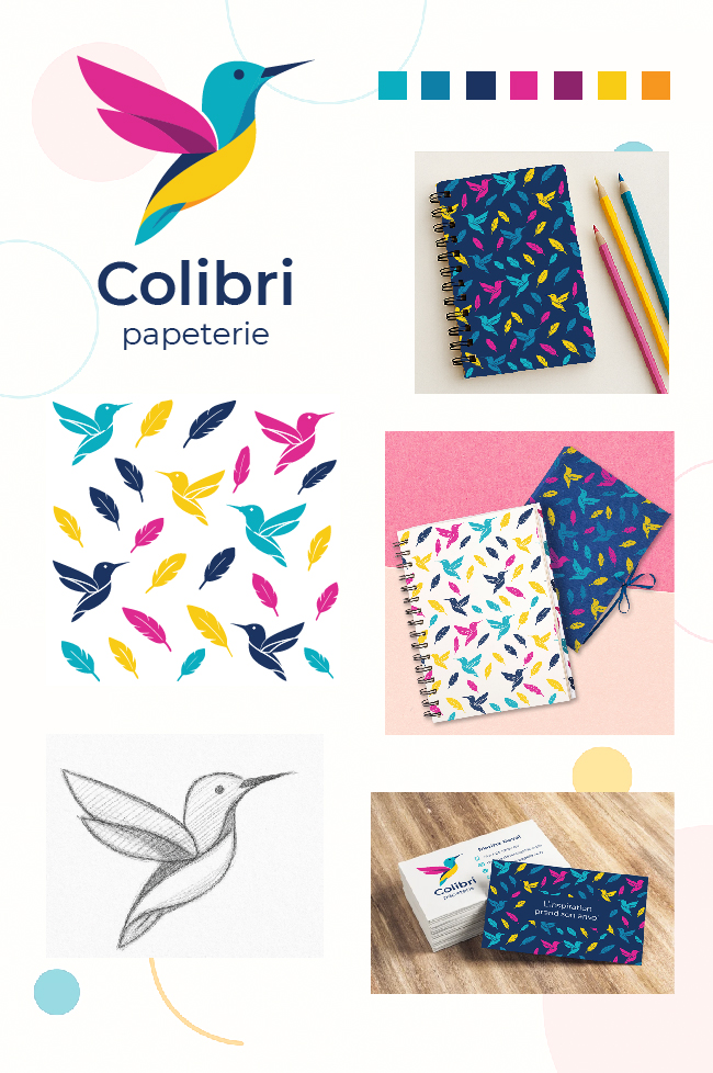 Colibri Papeterie visual identity with hummingbird logo, color palette, patterns and stationery