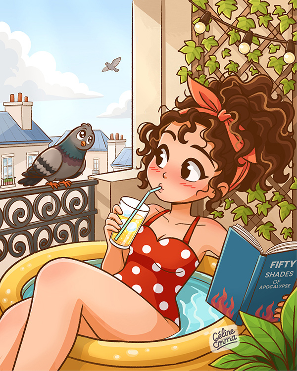 Custom illustration of a young woman reading on a balcony