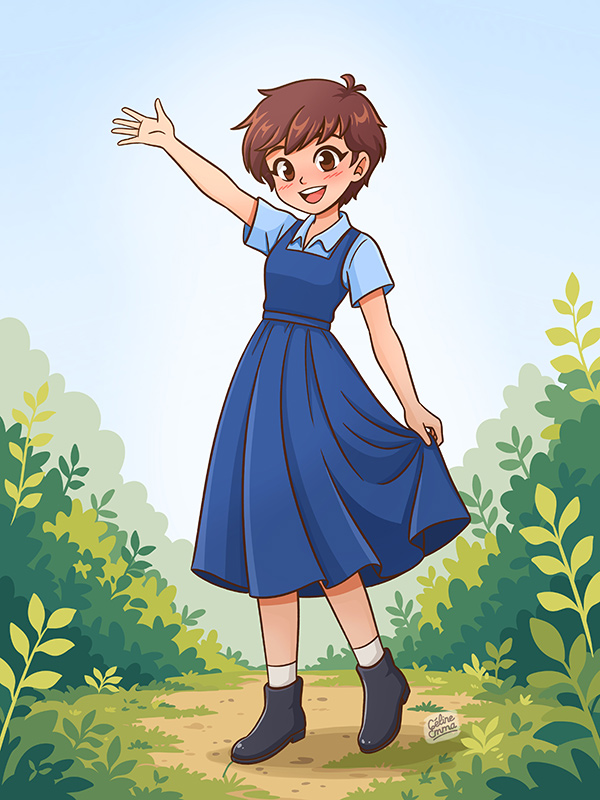 Custom illustration of a young woman in a blue dress in a garden