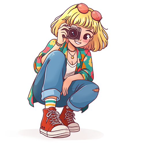 Custom full-body character illustration with a camera