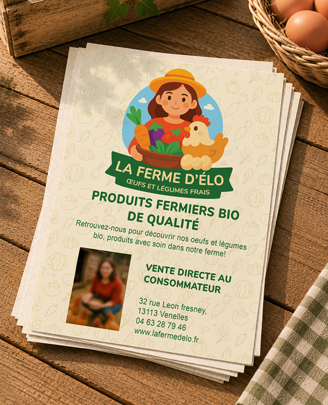 Illustrated La Ferme d’Élo flyer promoting local farm products