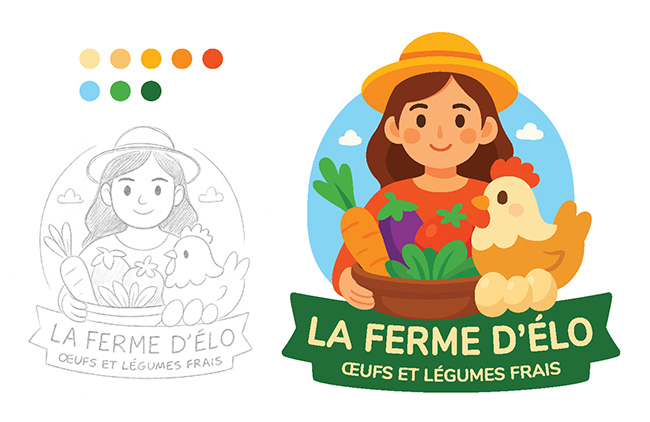 Logo development and illustrated branding exploration for La Ferme d’Élo