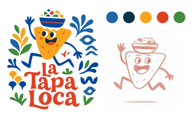 Identité visuelle La Tapa Loca avec logo illustré, palette de couleurs et croquis de mascotte