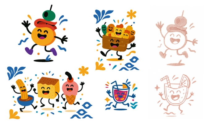 Personnages et mascottes illustrés créés pour l’identité visuelle La Tapa Loca