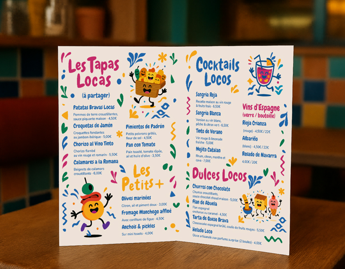 Menu illustré La Tapa Loca avec mascottes et identité graphique du restaurant
