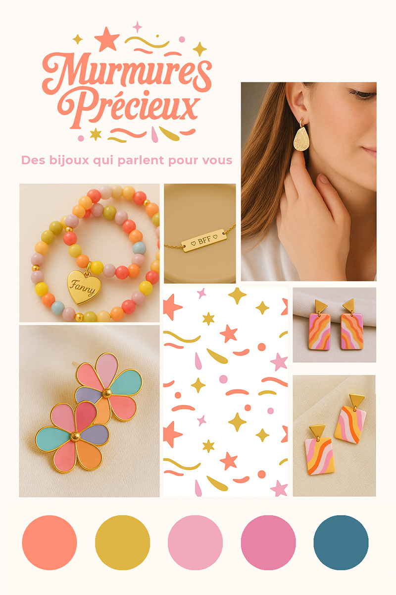 Murmures Précieux visual identity with logo, colour palette, jewellery, and graphic pattern