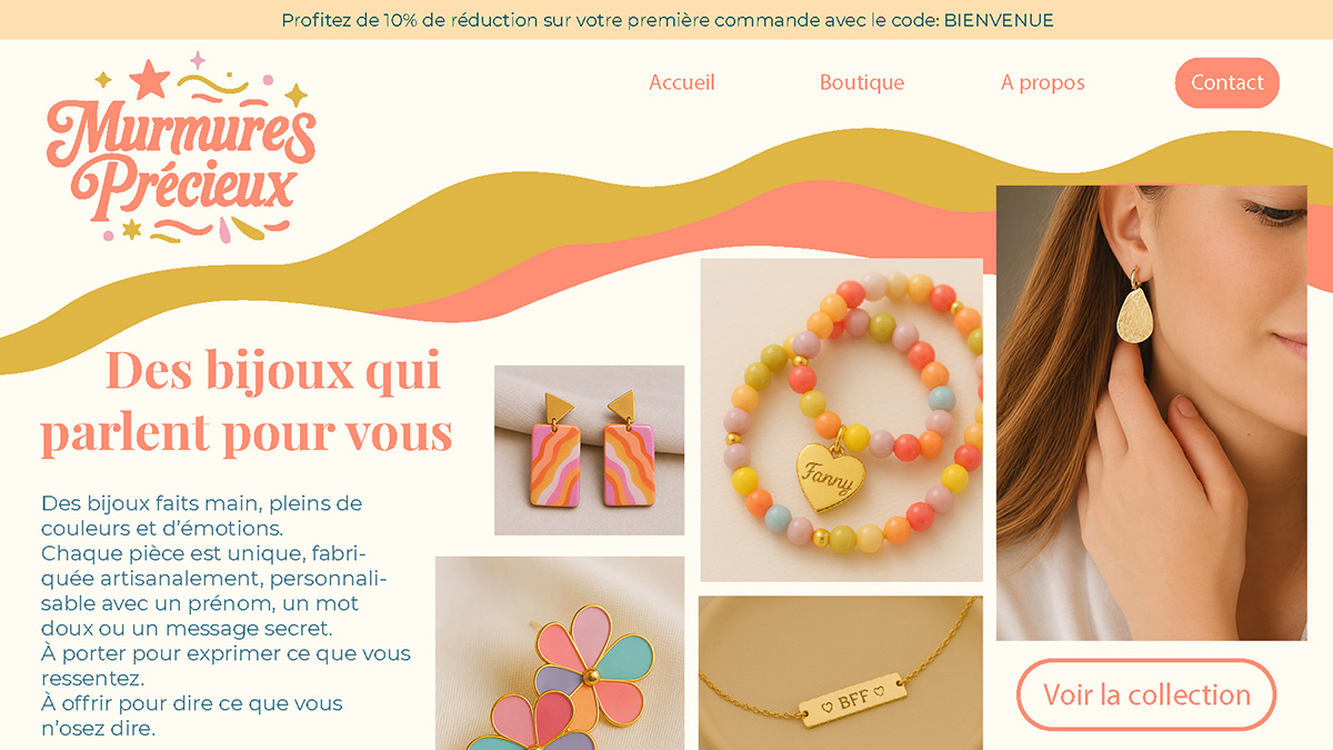 Murmures Précieux website mockup featuring the brand identity and jewellery presentation