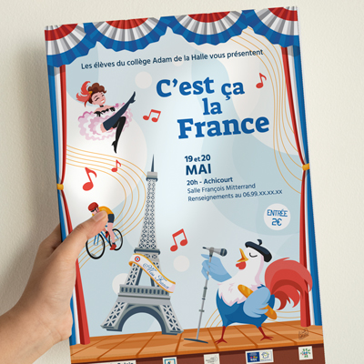 Affiche illustrée C'est ça la France pour un spectacle scolaire
