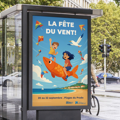 Affiche illustrée La Fête du Vent aux plages du Prado